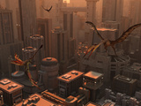 Quetzalcoatlus and Eudimorphodon Pterosaurs Fly Through the Sky Above a Futuristic City
