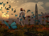 A Astronaut Is Greeted by a Swarm of Butterflies on an Alien World