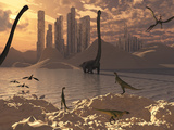 Illustration of an Alternate Reality Where Reptoid Beings Co-Existed with the Dinosaurs