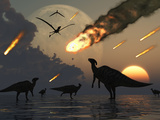 Hadrosaurs Graze Peacefully as Burning Meteors Fall Through the Sky