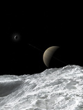 Saturn and Enceladus as Seen from the Moon Tethys