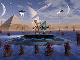 A Grey Alien Visits the Site of Three Pyramids on an Alien World