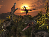A Group of Feathered Carnivorous Velociraptors from the Cretaceous Period on Earth