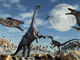 A Lone Camarasaurus Dinosaur Is Confronted by a Pack of Velociraptors