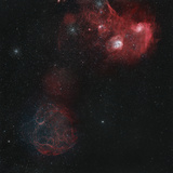 Widefield View of Of Simeis 147  the Flaming Star Nebula  and the Tadpole Nebula