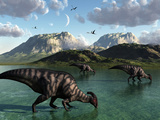 A Group of Parasaurolophus Dinosaurs Feed from a Freshwater Lake