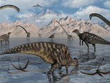 Omeisaurus and Parasaurolphus Dinosaurs Gather Together