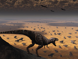 A Lone T Rex Looks Down on a Large Herd of Triceratops