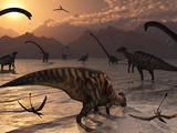 Omeisaurus and Parasaurolphus Dinosaurs Gather Together