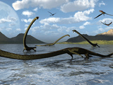Illustration of a Herd of Tanystropheus Reptiles