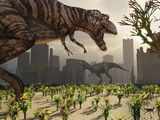 A Pair of Tyrannosaurus Rex Explore a City in Hopes of Finding their Next Meal