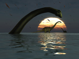 Diplodocus Dinosaurs Bathe in a Large Body of Water