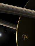The Cassini Spacecraft in Orbit around the Planet Saturn During Sunrise