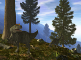 A Pair of Allosaurus Search for a Meal Along a Mountainside Forest