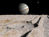 Artist's Concept of an Impact Crater on Jupiter's Moon Ganymede  with Jupiter on the Horizon