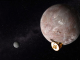 Artist's Concept of the New Horizons Spacecraft Flying Past Pluto and Charon