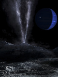 A Small Geyser on the Surface of Triton  with Neptune in the Background