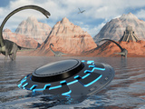 A UFO Catches the Attention of Curious Omeisaurus Dinosaurs