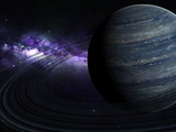 Artist's Concept of a Blue Ringed Gas Giant in Front of a Galaxy