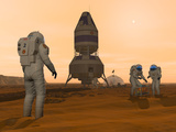 Illustration of Astronauts Setting Up a Base on the Martian Surface around their Lander Vehicle