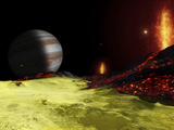 Volcanic Activity on Jupiter's Moon Io  with the Planet Jupiter Visible on the Horizon
