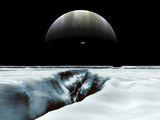 A Crescent Jupiter and Volcanic Satellite  Io  Hover over the Horizon of the Icy Moon of Europa