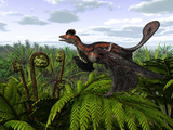 A Feathered Microraptor Perched Atop a Tree Fern