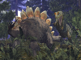 An Allosaurus Stumbles Upon a Grazing Stegosaurus
