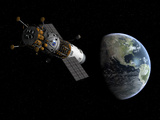Illustration of a Lunar Tug Propelling Itself into Earth Orbit