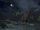 An Asteroid Impact on the Moon While a Spinosaurus Wanders in the Foreground