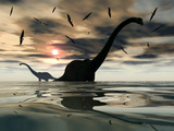 Diplodocus Dinosaurs Bathe in a Large Body of Water