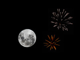 A Composite Image with Fireworks and a New Moon