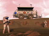 Illustration of Astronauts Examining an Outcrop of Sedimentary Rock on a Martian Dune Field