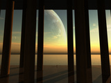 A Lonesome Explorer Stands on the Edge of an Ocean Looking at a Giant Moon in the Alien Sky
