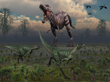 Two Lesothosaurus Dinosaurs Run Out of the Way of a T-Rex on a Rampage