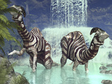 A Pair of Parasaurolophus Feed on Flora Near a Waterfall