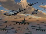 B-17 Flying Fortress Bombers and P-51 Mustangs in Flight