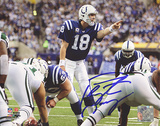 Peyton Manning Autographed Blue Jersey At The Line vs Jets Horizontal Photograph