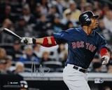 Carl Crawford Autographed Boston Red Sox Blue Jersey Hit Horizontal Photograph
