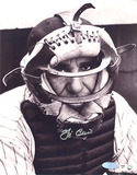 Yogi Berra Autographed w/ Catcher's Mask On Close Up Vertical B&W Photograph