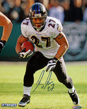 Ray Rice Autographed Ravens White Jersey Running Ball Vertical Photograph