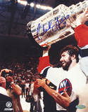 Clark Gillies Autographed Cup Over Head Vertical Close Up Photograph
