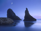 Sea Stacks at Dusk Along Bandon Beach with Rising Moon  Oregon
