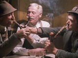 Three Grinning Men Smoke from Intricately Carved Pipes