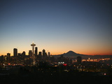 Seattle Skyline with the Space Needle and Mount Rainier at Dusk