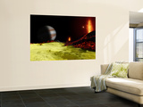Volcanic Activity on Jupiter's Moon Io  with the Planet Jupiter Visible on the Horizon
