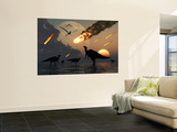 Hadrosaurs Graze Peacefully as Burning Meteors Fall Through the Sky