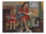 Calendar Illustration of Mother and Daughter Knitting by F Sands Bruner