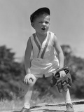 1930s Boy Wearing Baseball Hat and Glove Bent Over With Hands On Knees Yelling