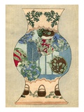 Illustration of Japanese Vase Design with Baskets and Foliage